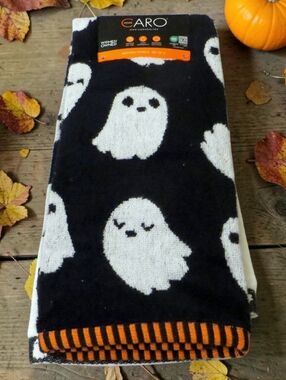 Caro Home Ghosts Halloween Black Orange White Kitchen Hand Towels Set Of 2 New